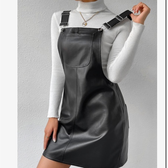 Black Faux Leather PU Vegan Jumper Dress - Picture 4 of 8